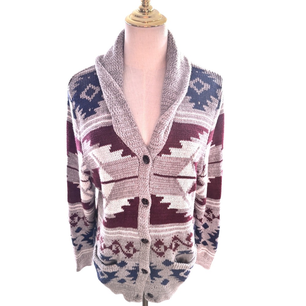 Adam Levine Shawl Collar Cardigan‎ Geometric Grandpa Gray Burgundy Blue Men L